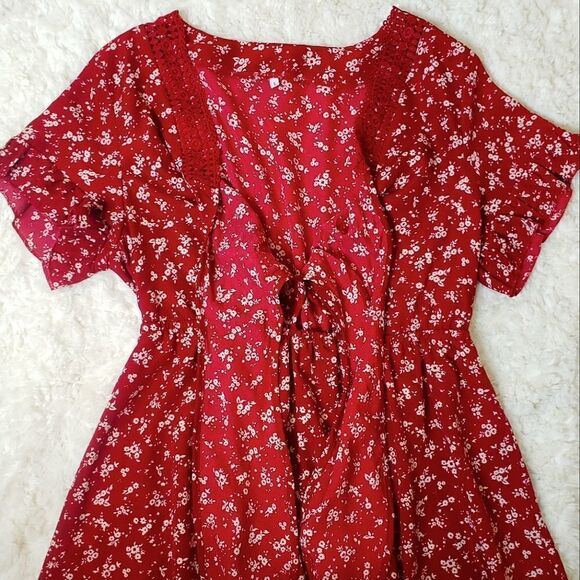 Red Floral Front-Tie Bow Ruffle Sleeved Dress - Picture 12 of 12